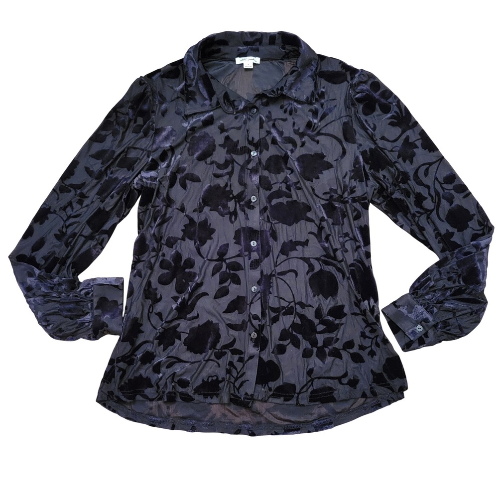 Ultra Pink M Blouse Black Velvet Burnout Floral Sheer Button Down Y2K Whimsigoth